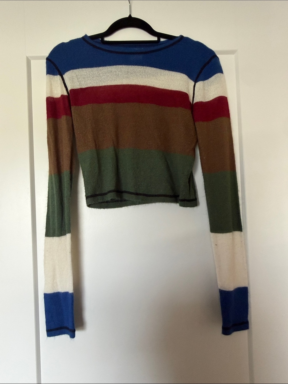 RVCA Striped Cropped Long-Sleeve Top in Blue, Cream, Red, Brown & Green